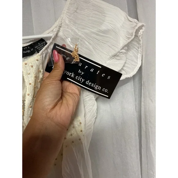 Vtg Separates Ny White Ruched Tie Beaded Blouse Boho Whimsical‎ Small Sheer Y2K - Picture 4 of 8